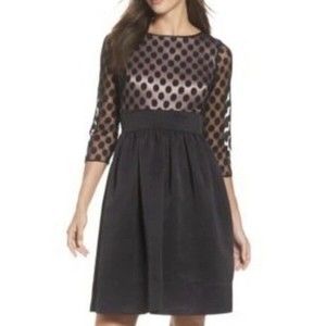 Eliza J Dress Black Polka Dot Mesh Bodice Fit And Flare Holiday Cocktail Size 4